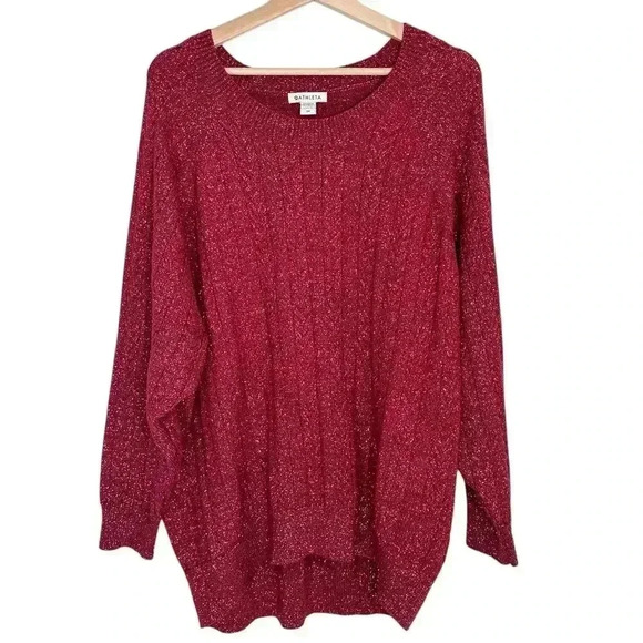 Athleta Crossroads Metallic Holiday Sweater Cable Knit Crew Wool | Red | SZ 2X - Picture 5 of 13